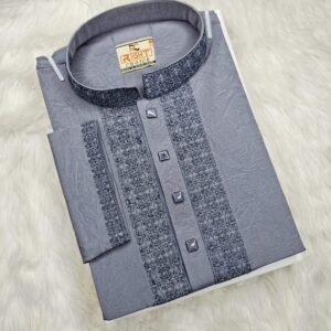 Ash Panjabi with detailed flat embroidery on the front and collar, neatly folded on a soft fur background.