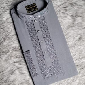 Stretch Embroidery Panjabi Love Design- Ash