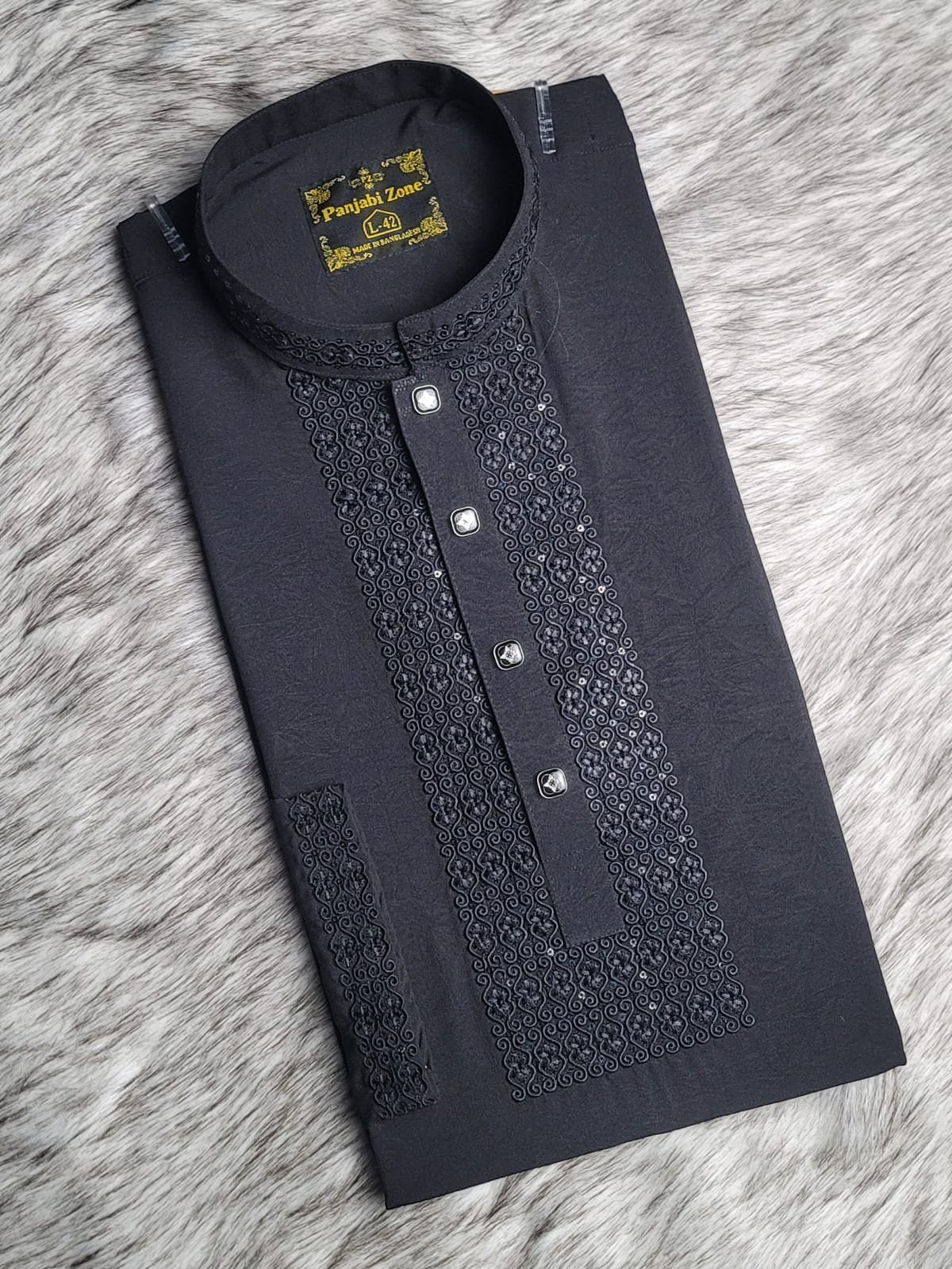 Stretch Embroidery Panjabi Love Design- Black