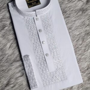 Stretch Embroidery Panjabi Love Design- White