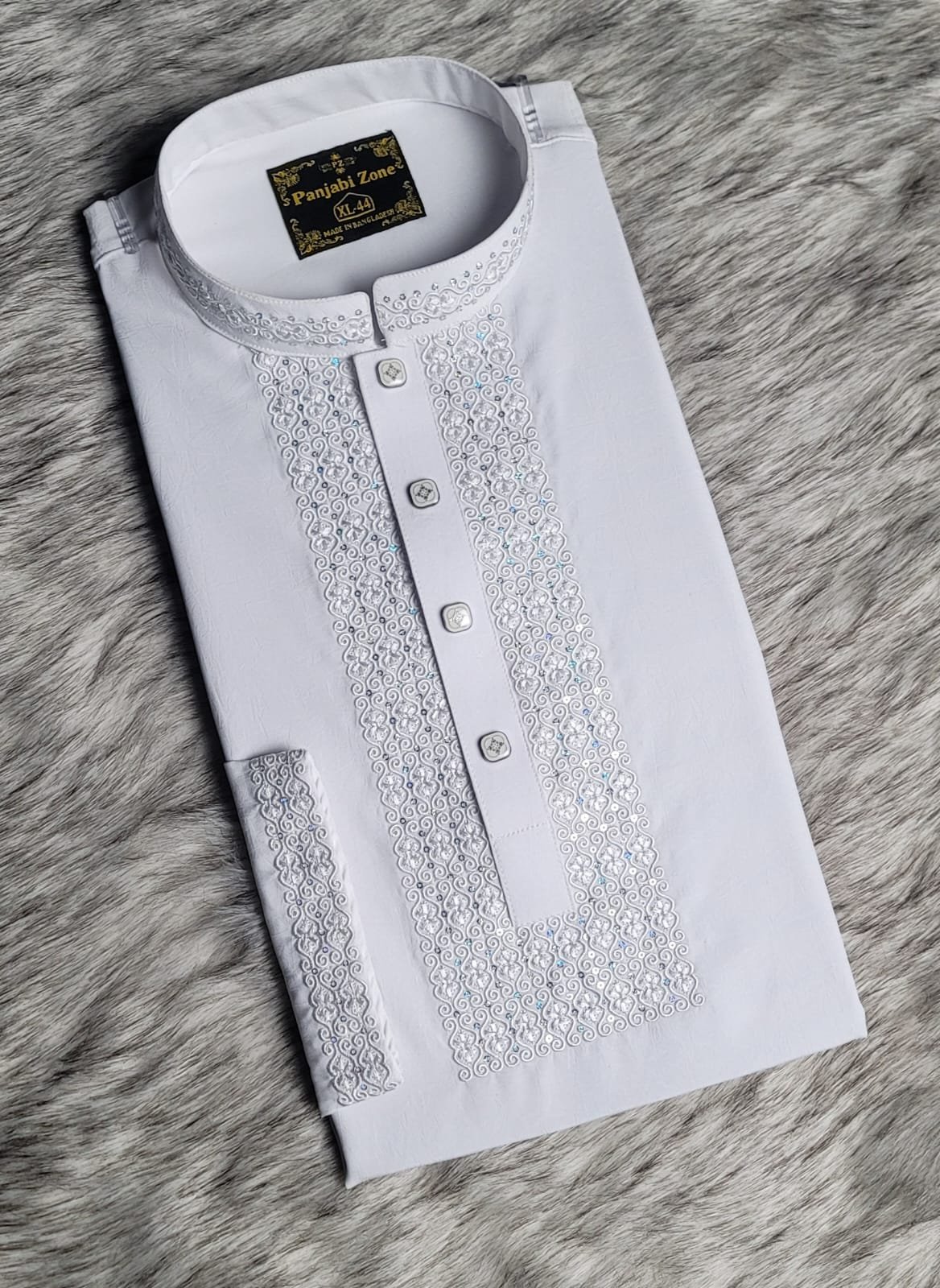 Stretch Embroidery Panjabi Love Design- White