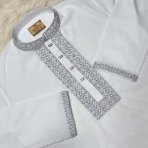 Stretch Embroidery Panjabi Flat Coth Design- White