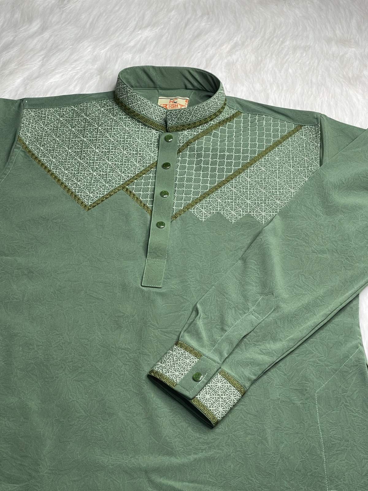 Stretch Embroidery Panjabi Geometry Design - Olive - Image 2