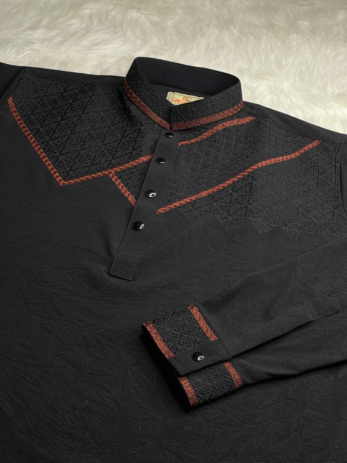 Stretch Embroidery Panjabi Geometry Design - Black - Image 2