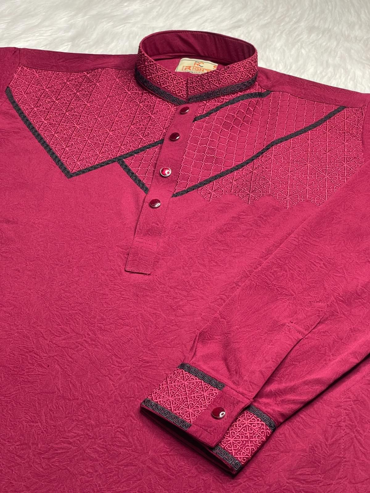 Stretch Embroidery Panjabi Geometry Design - Marun - Image 2