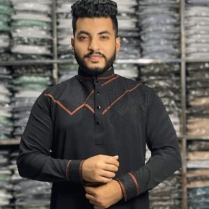 Stretch Embroidery Panjabi Geometry Design - Black