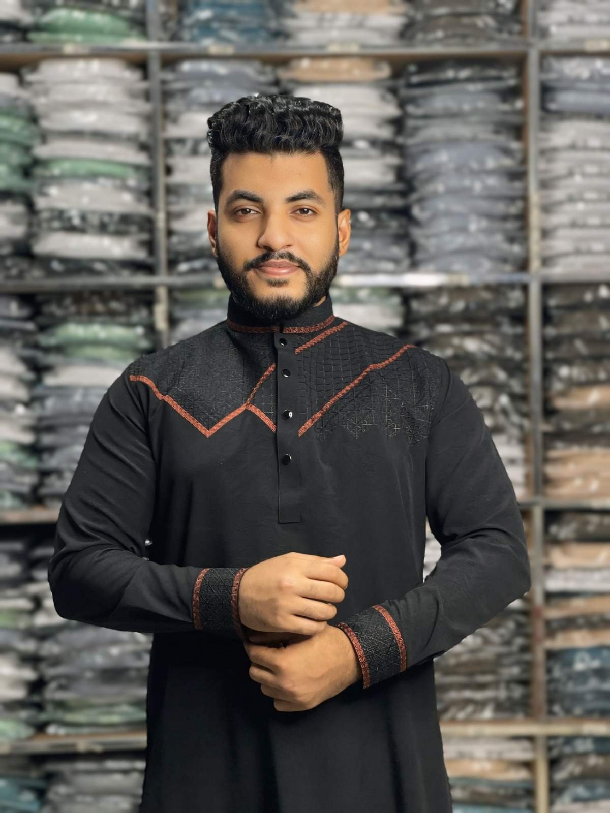 Stretch Embroidery Panjabi Geometry Design - Black