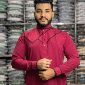 Stretch Embroidery Panjabi Geometry Design - Marun