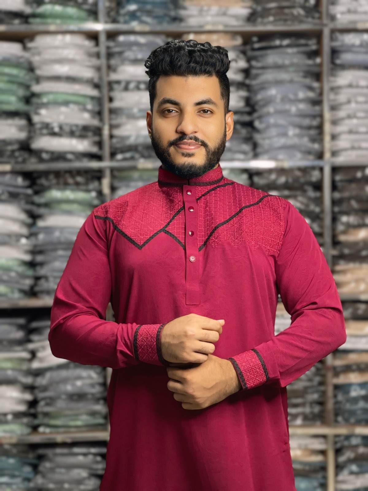 Stretch Embroidery Panjabi Geometry Design - Marun