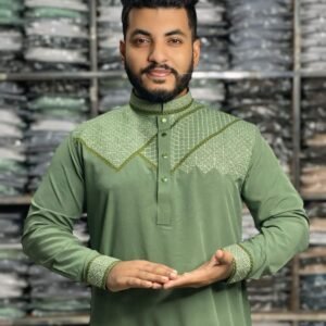 Stretch Embroidery Panjabi Geometry Design - Olive
