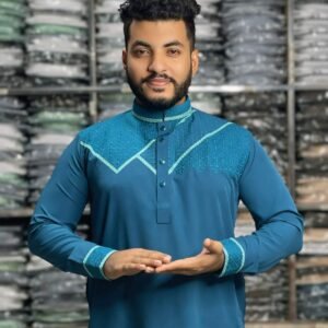 Stretch Embroidery Panjabi Geometry Design -Pterol Blue